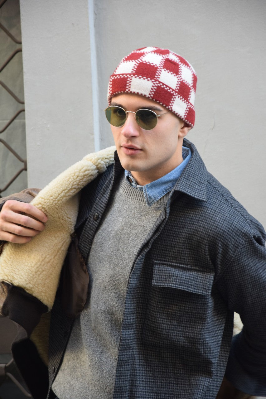 Cashmere Beanie - Checkered Red