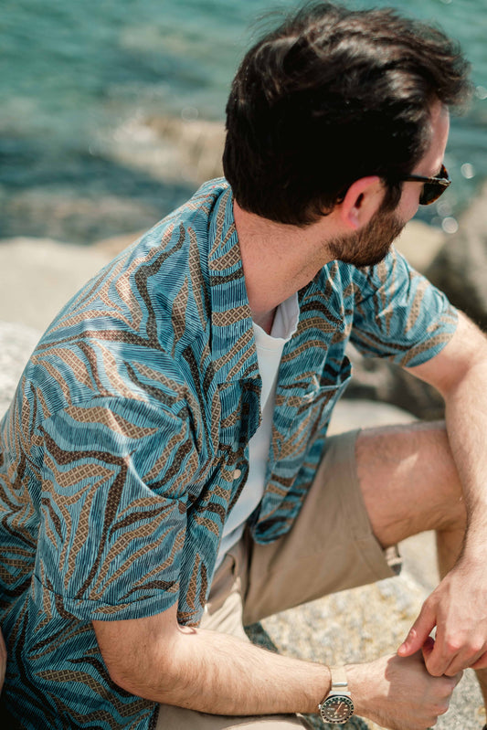 Short-sleeved shirt - Light blue jungle print